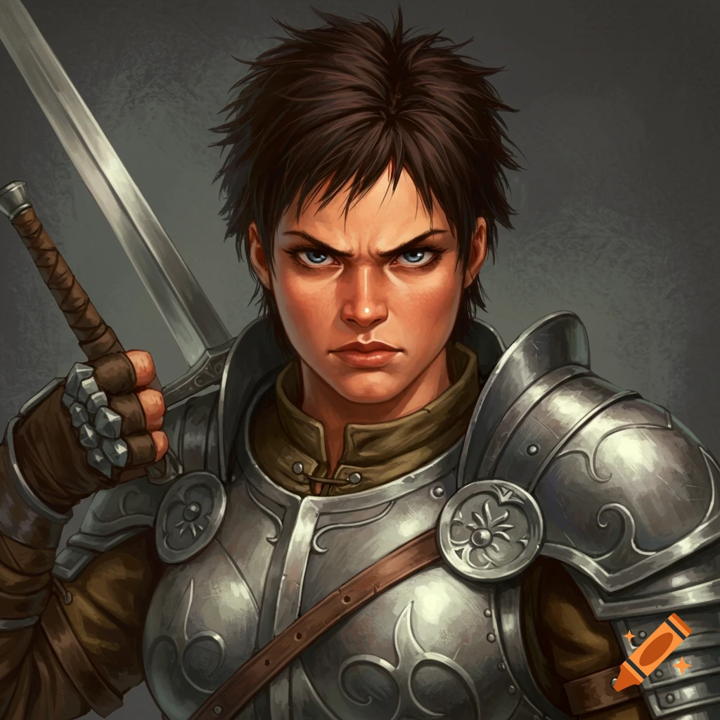 A fierce female warrior with short dark hair and blue eyes, wearing silver armor and holding a sword, depicted in a game art style.