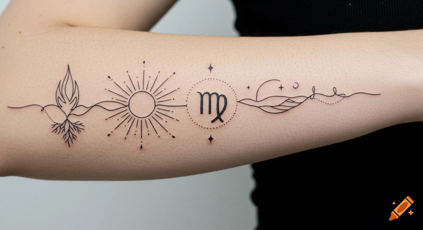 A fine-line tattoo on an arm features a flowing design with a flame, roots, geometric sun, Virgo symbol, waves, moon, and star.