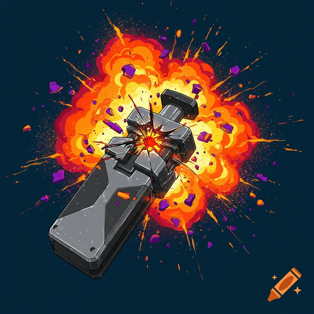 A stylized illustration of a grey stud finder exploding in a burst of orange and yellow flames with purple debris against a dark blue background.