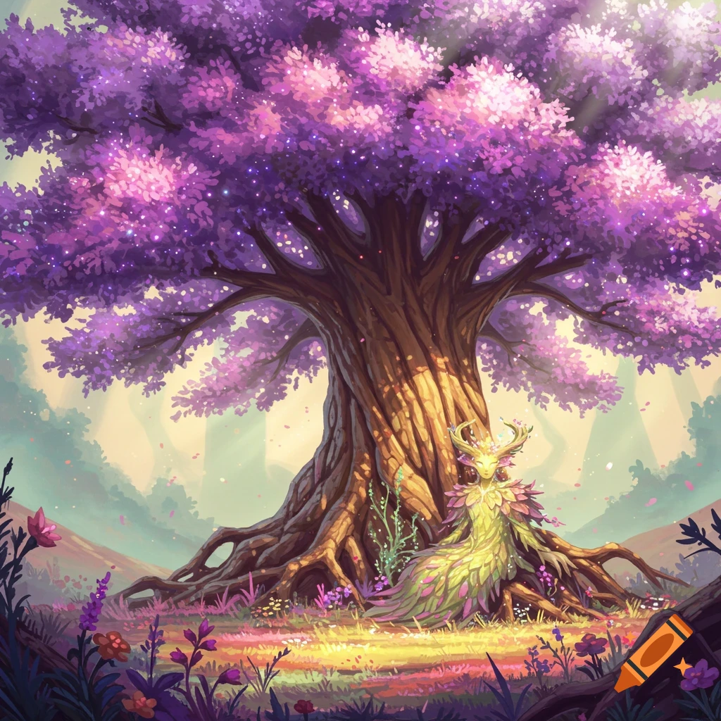 A fantasy image of a nature guardian with antlers and a leafy green body, sitting under a giant tree with sparkly purple leaves in a magical forest.