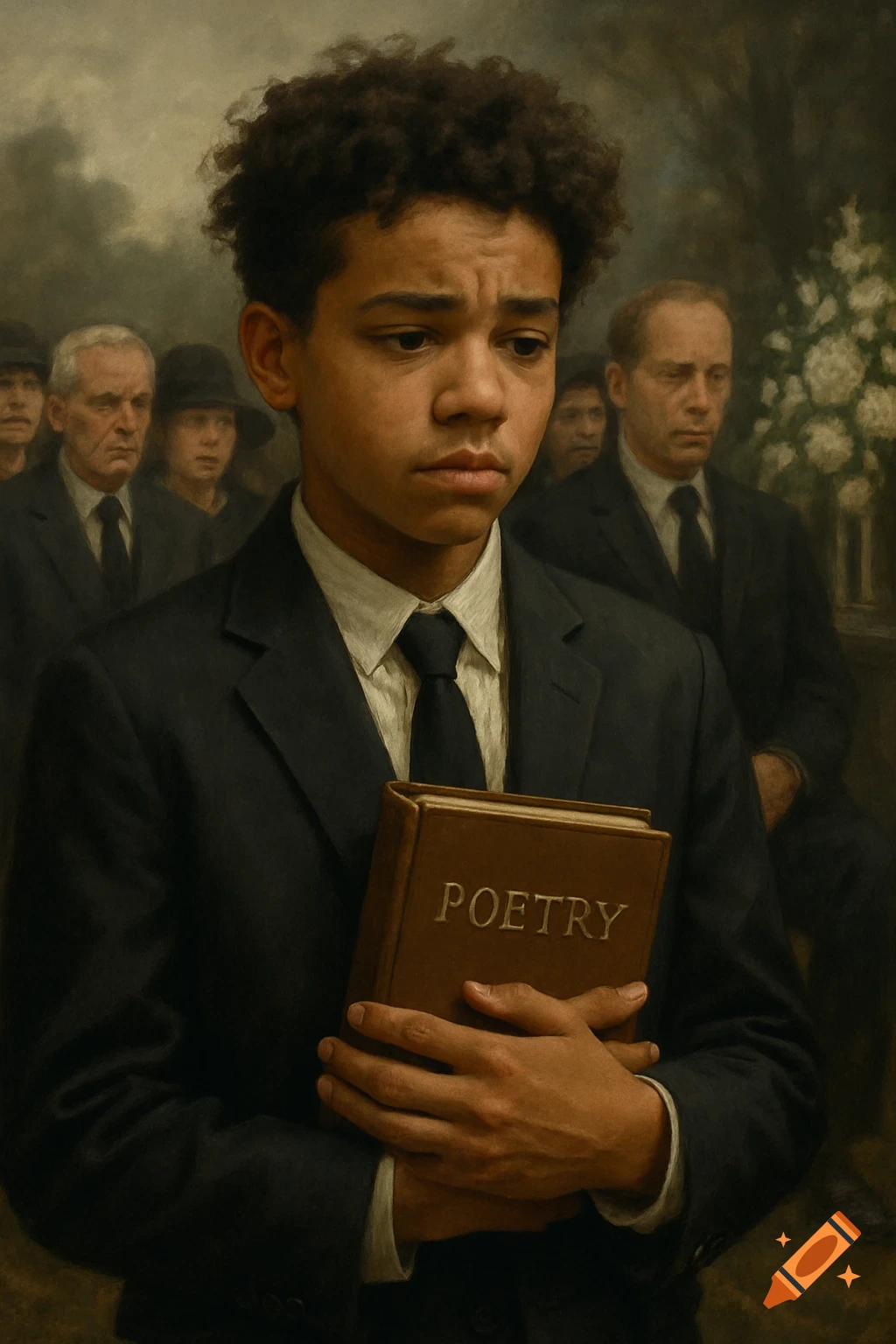 A serious-looking young person with curly hair, dressed in a suit, holds a book titled 'POETRY' at a funeral, rendered in a painterly style.