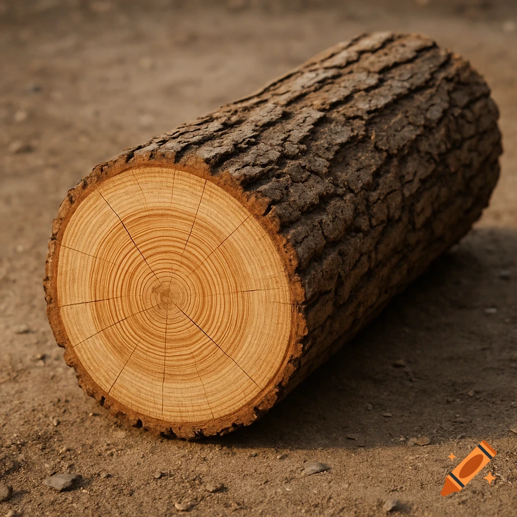 A photorealistic close-up of a cut log resting on dry dirt, showcasing its bark and growth rings.