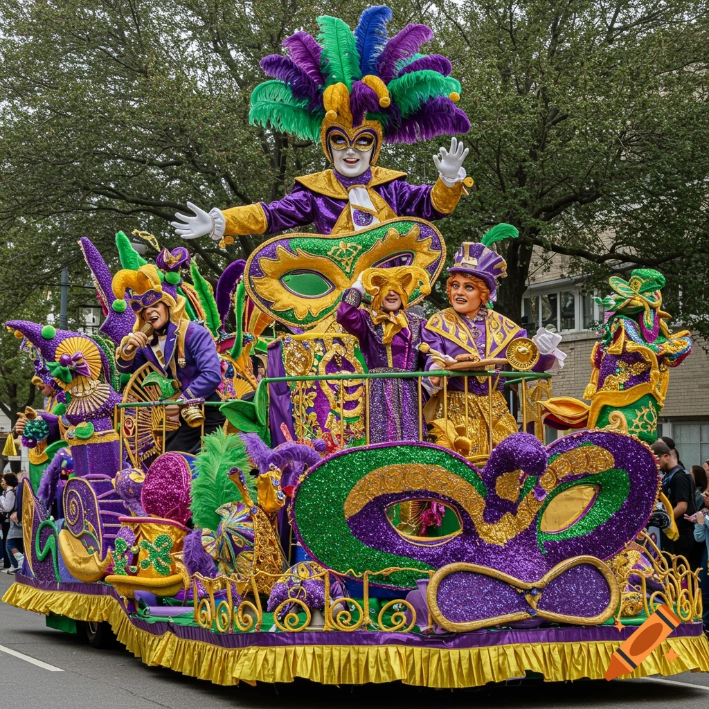 A vibrant Mardi Gras parade float decorated with large masks, feathers, and elaborate purple, green, and gold designs carries costumed performers under a tree-lined sky.