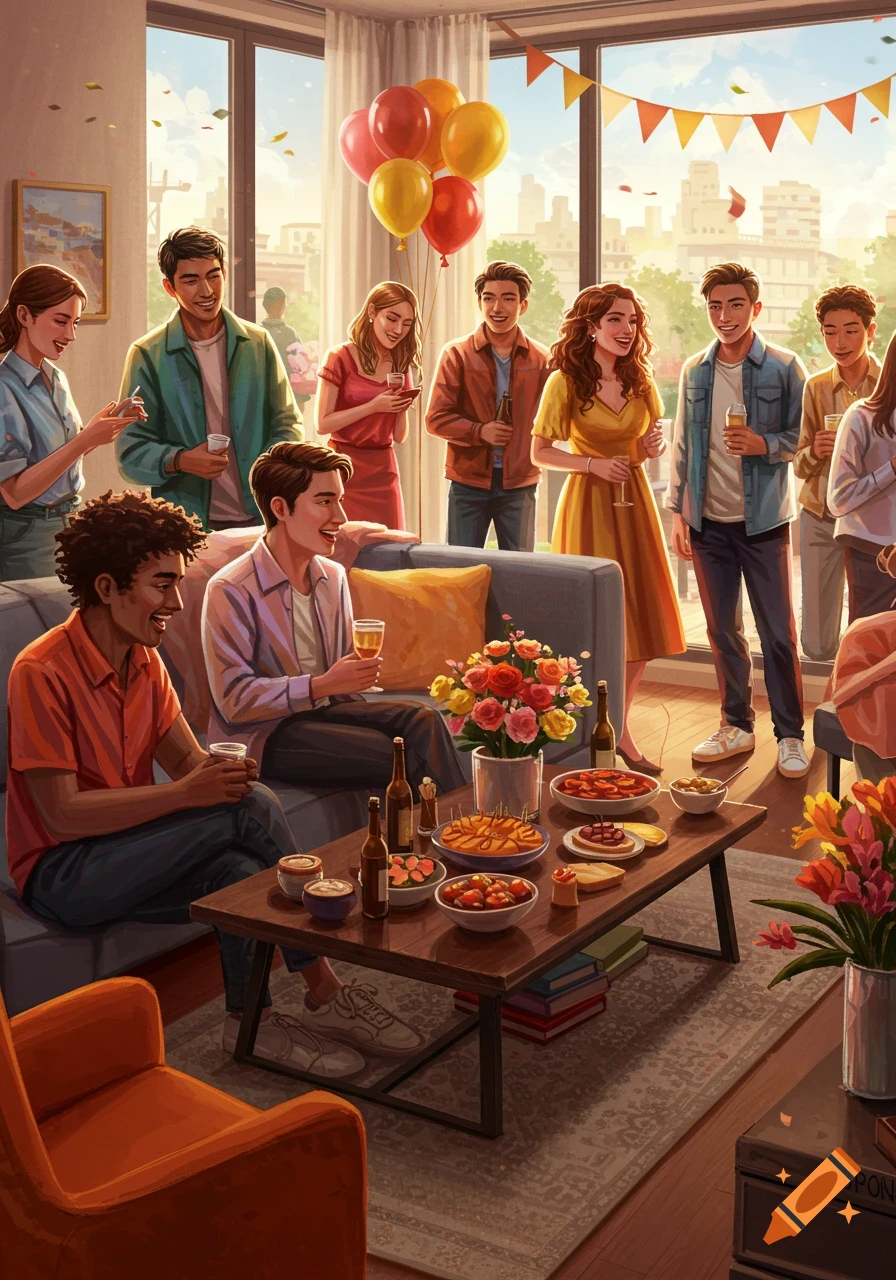 A group of diverse friends socializing at a lively housewarming party in a bright apartment, with food and drinks on a table.