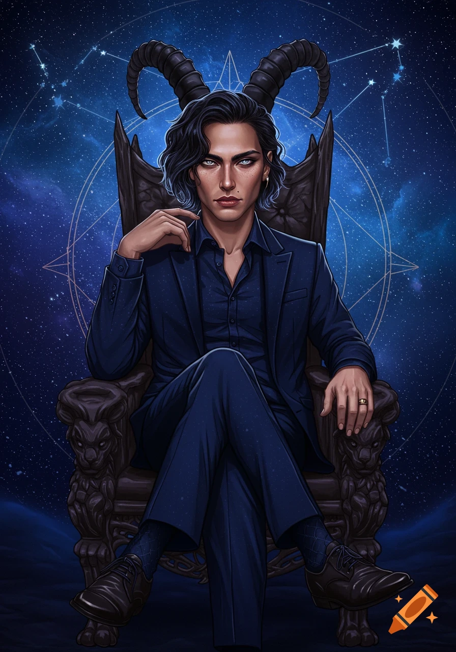 An illustrated portrait of a dark-haired man with horns, wearing a suit, sitting on an ornate throne against a starry night sky with constellations.