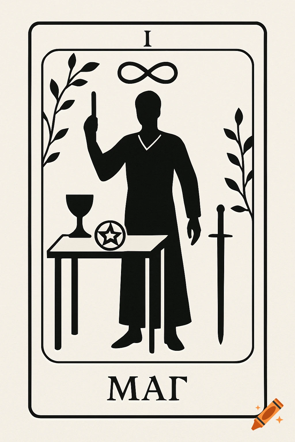 Minimalist black and white tarot card illustration of The Magician, showing a figure with symbolic objects.