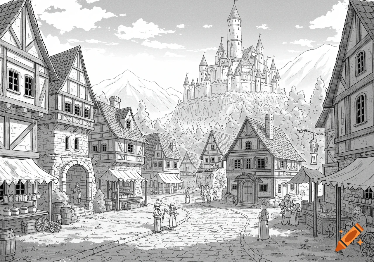 A black and white manga-style illustration of a medieval fantasy ...