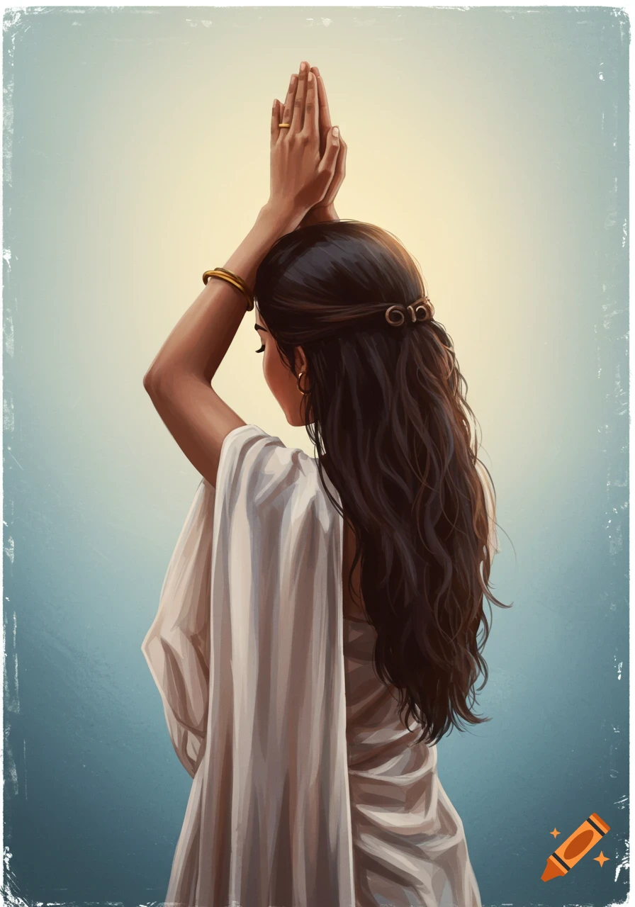 Digital illustration of a woman from behind, hands clasped in prayer above her head, against a gradient background.
