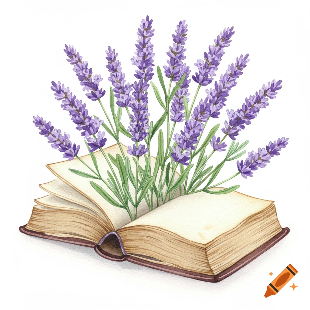 Watercolor illustration of an open vintage book with purple lavender sprigs blooming from its pages, isolated on white.