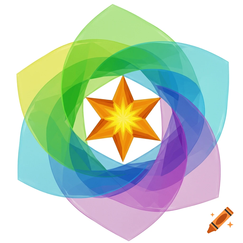 A vibrant orange star is surrounded by six overlapping, translucent petal shapes in a spectrum of colors: yellow, green, cyan, blue, violet, and pink, on a white background.