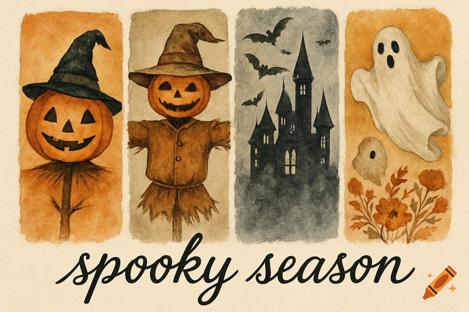 Watercolor collage of four Halloween scenes: a jack-o'-lantern, a scarecrow, a gothic castle with bats, and a ghost with autumn flowers. Text below reads "spooky season" in cursive.