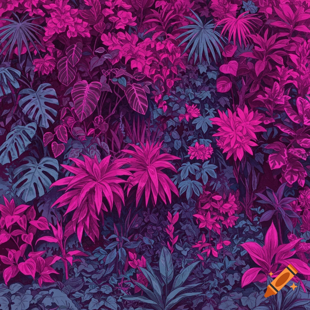 A vibrant wall of tropical plants in shades of pink, magenta, blue, and purple, in a stylized illustration.
