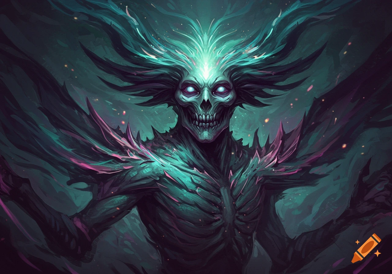 A terrifying skeletal demon with glowing blue eyes and sharp, spiky hair and shoulders, rendered in a dark teal and purple palette.