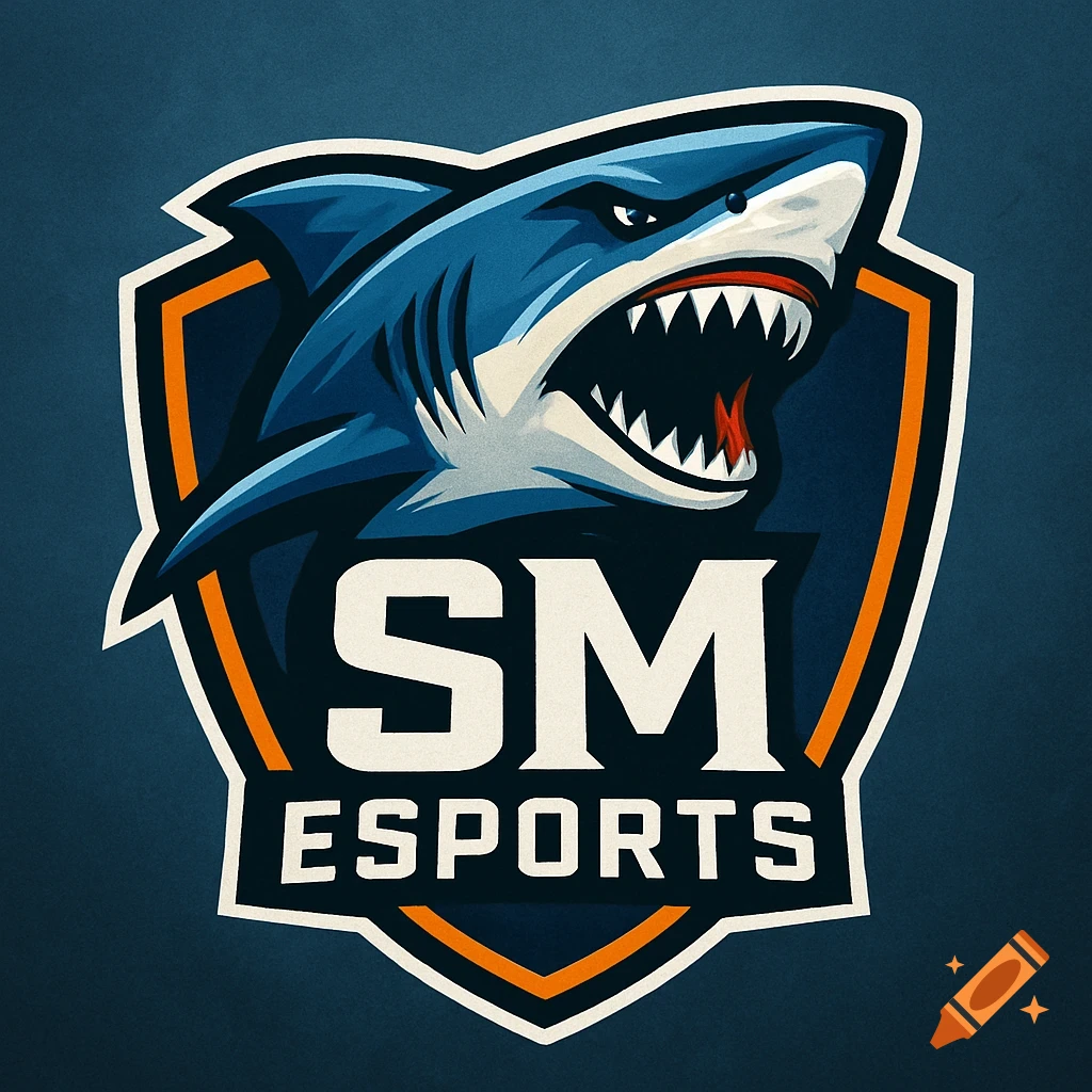 Esports team logo featuring an aggressive blue shark head within a shield emblem, with 'SM ESPORTS' text.