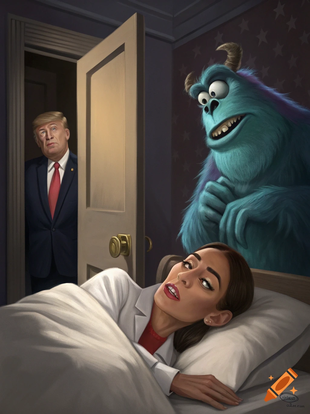 Donald Trump peeking from a doorway at a sleeping Alexandria Ocasio-Cortez, while Sully from Monsters Inc. looks down at her from the bed. Digital illustration.