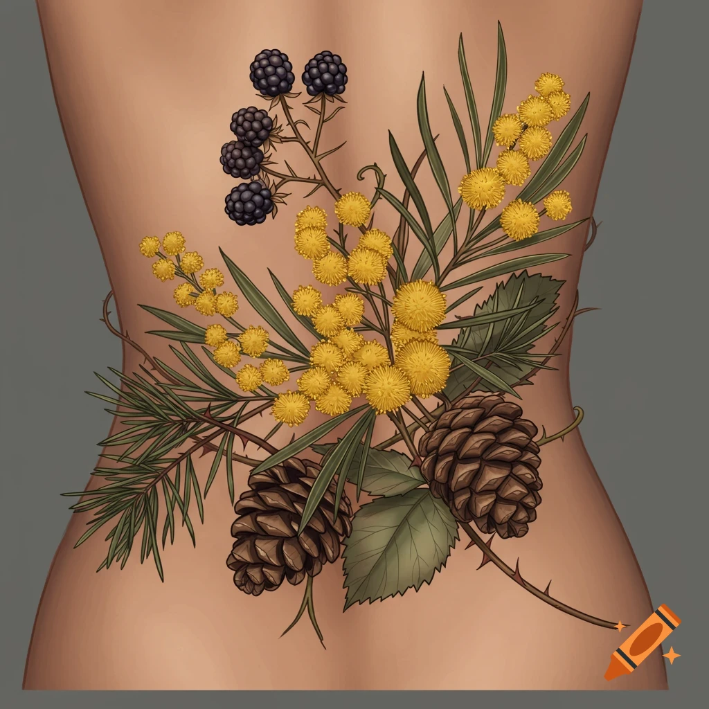 Fineline botanical tattoo of wattle, blackberries, and pinecones on a person's back.