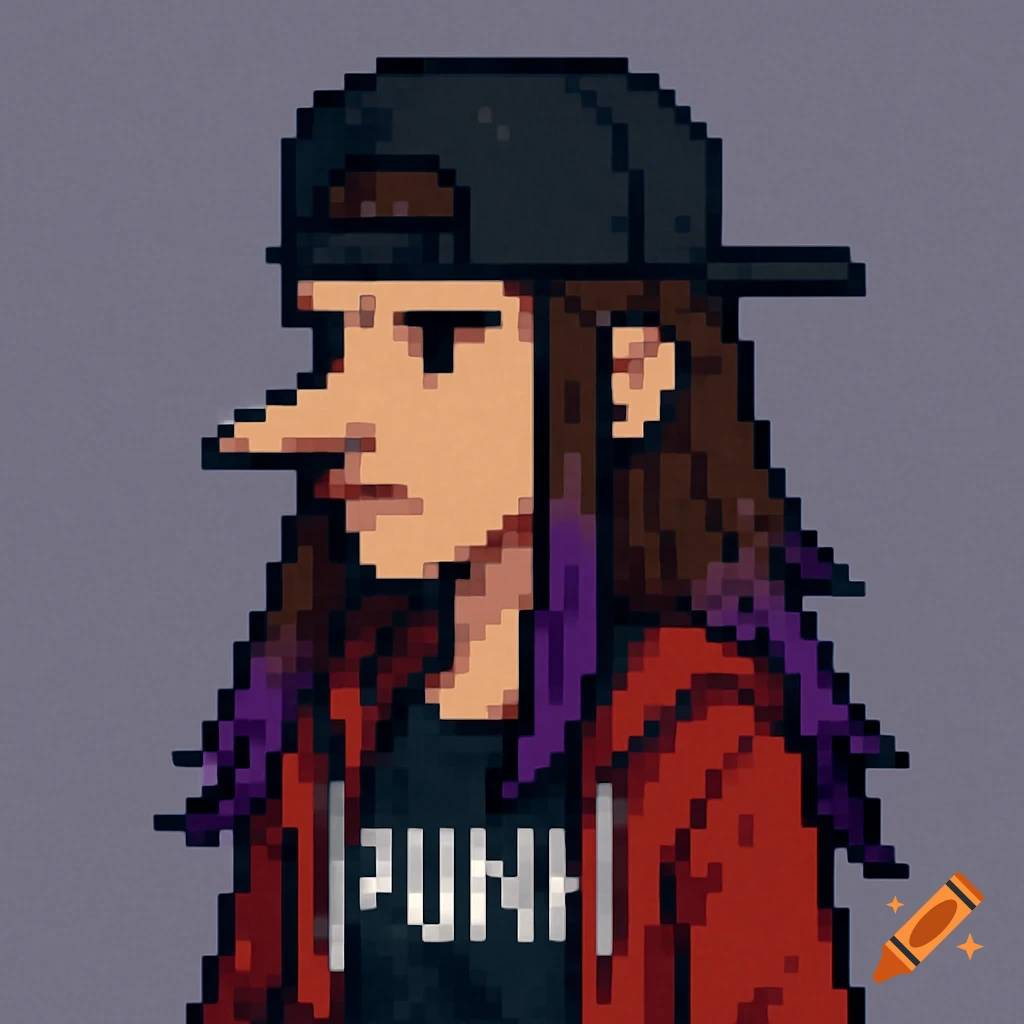 Pixel art profile portrait of a punk girl with a long nose, brown hair with purple ends, black cap, red hoodie, and a shirt with 'PUNH' on it.