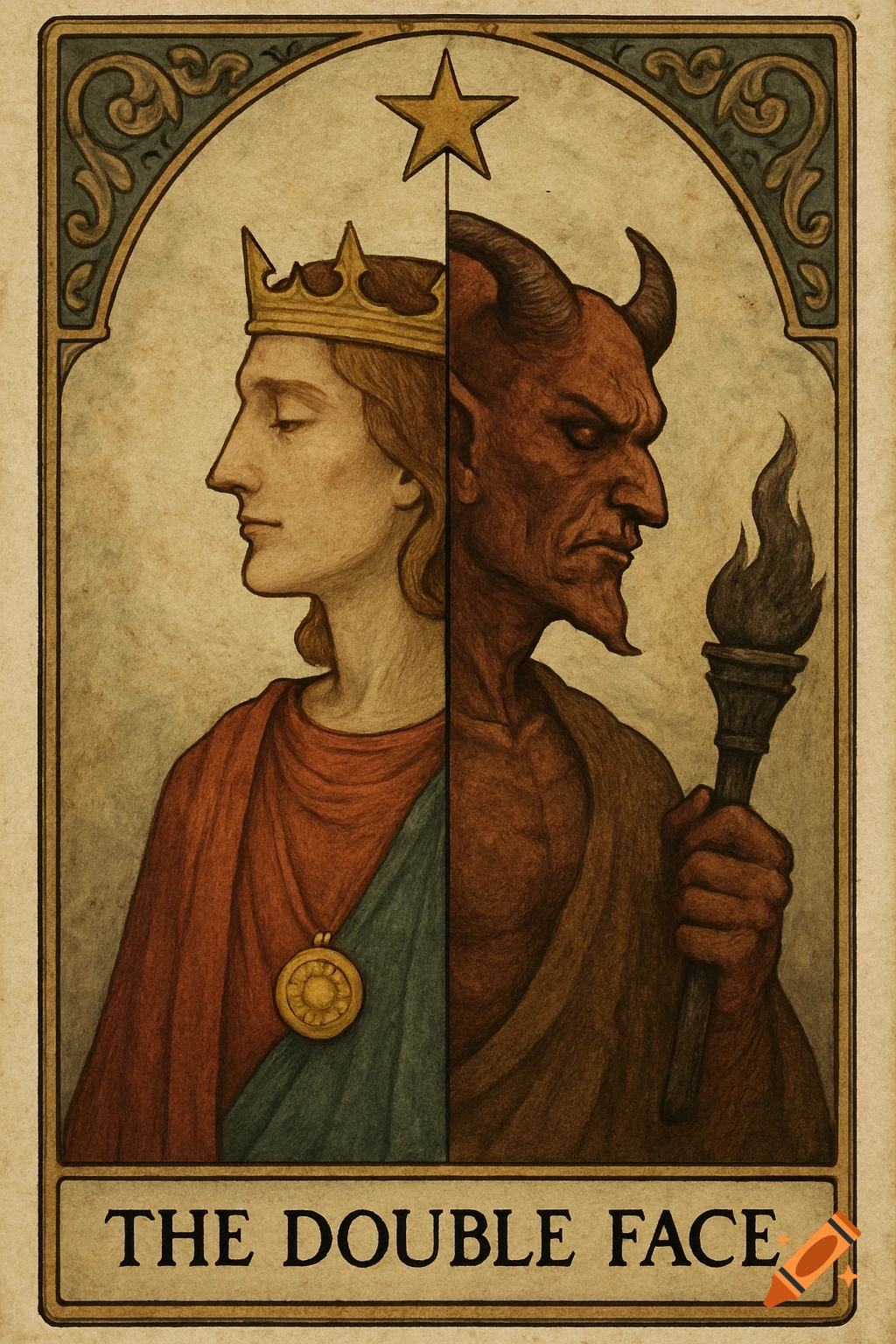 A vintage-style tarot card illustration showing a split face, half a regal human with a crown, half a red-skinned demon holding a torch. Text reads 'THE DOUBLE FACE'.