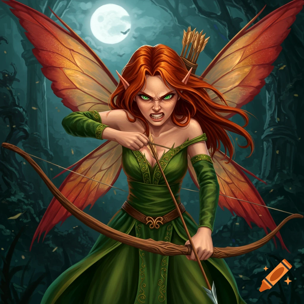 An angry red-haired fairy with green eyes draws a bow and arrow in a moonlit forest.