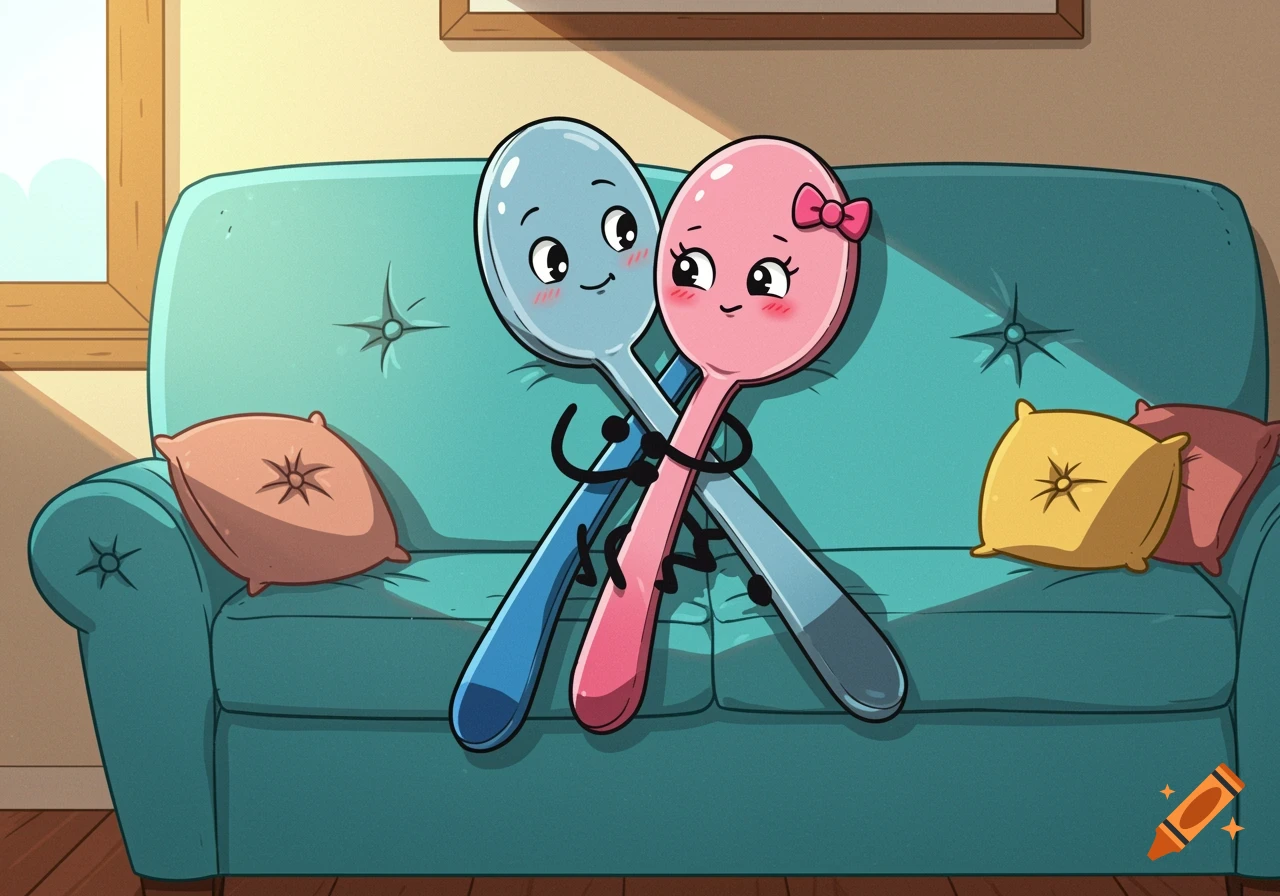 A blue male cartoon spoon and a pink female cartoon spoon with a bow, cuddling on a turquoise couch with pillows.