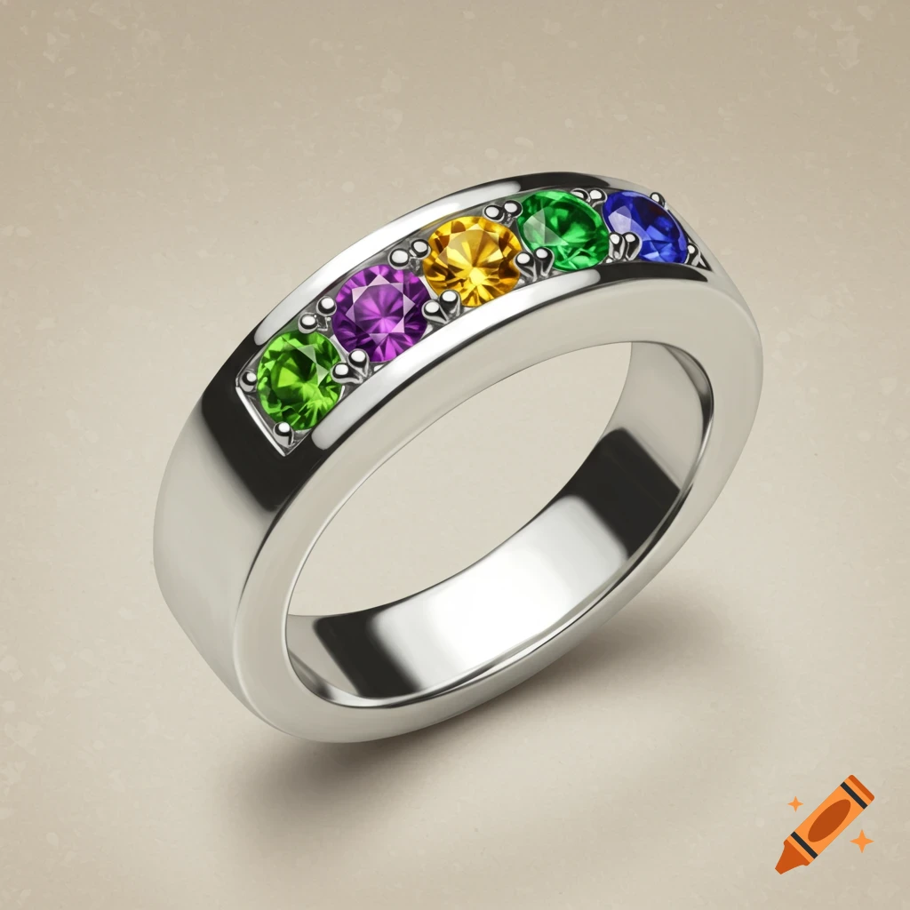 A close-up, high-quality image of a silver ring with five colorful gemstones: green, purple, yellow, green, and blue.