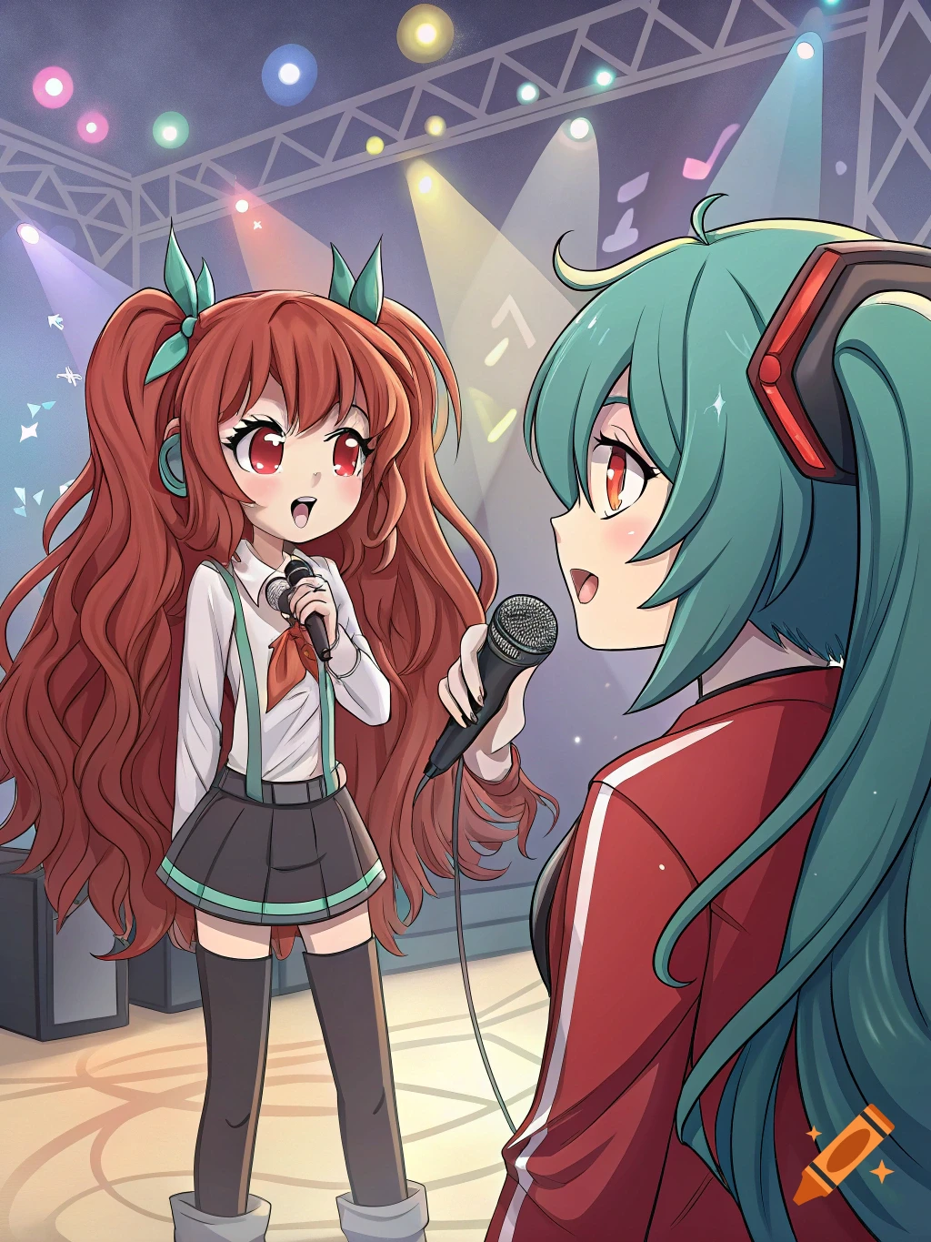 Two anime-style girls, one with red hair and one with teal hair, sing into microphones on a brightly lit stage.