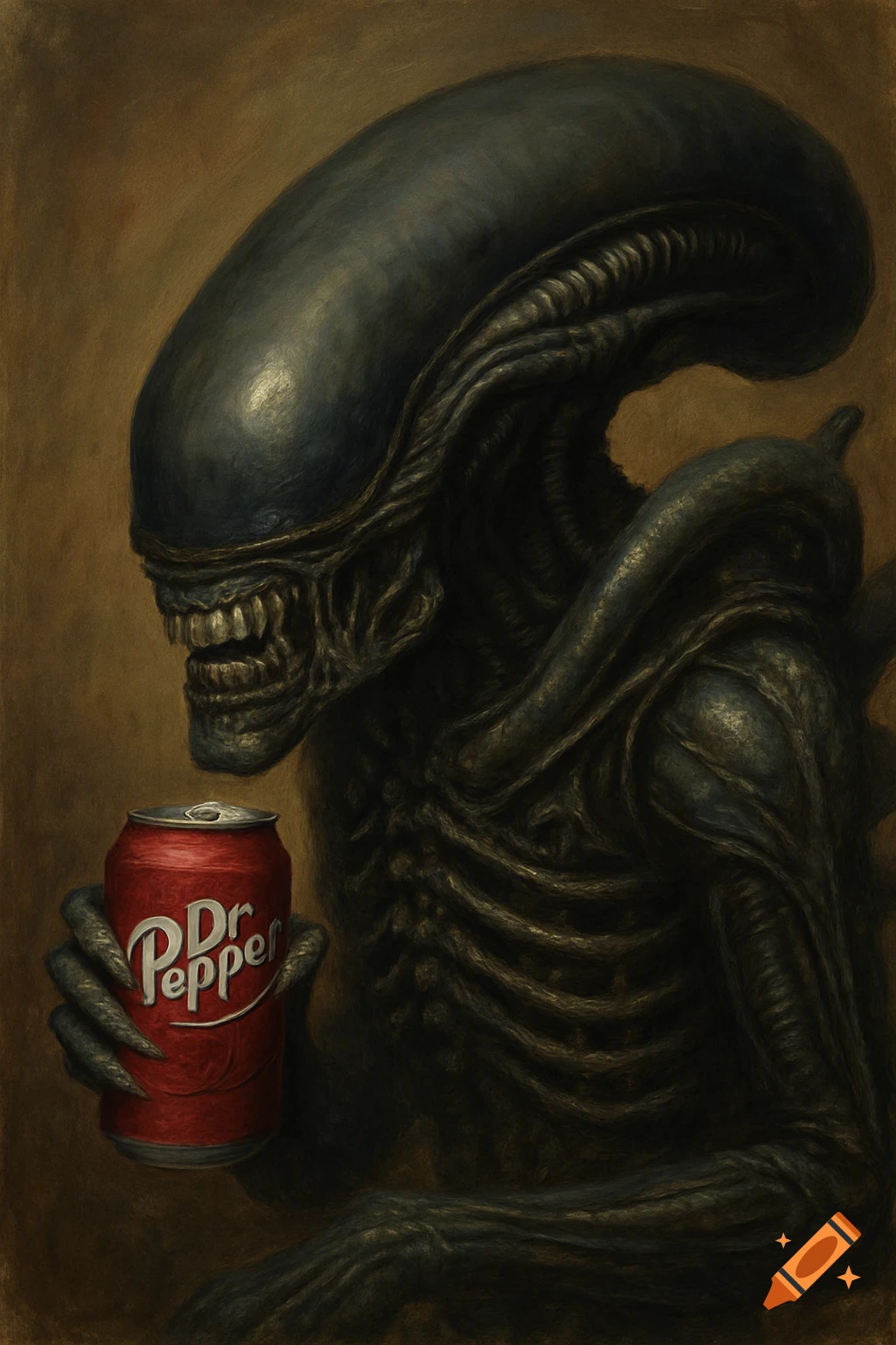 A detailed, painterly image of an Alien creature holding a red Dr. Pepper soda can.