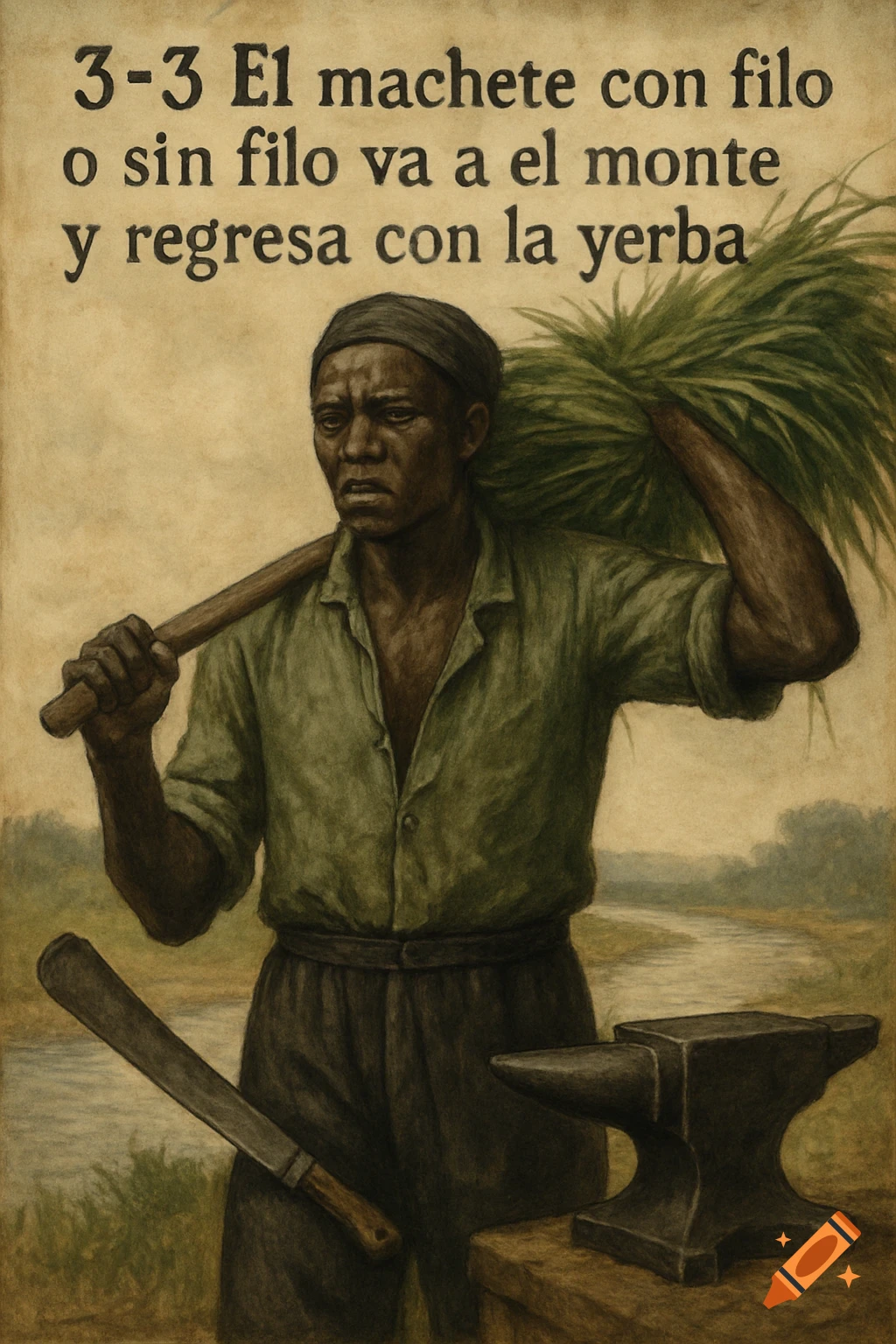 Painting of a man in traditional attire carrying green leaves on his shoulder with a machete and an anvil nearby, next to a river. Spanish text at top.