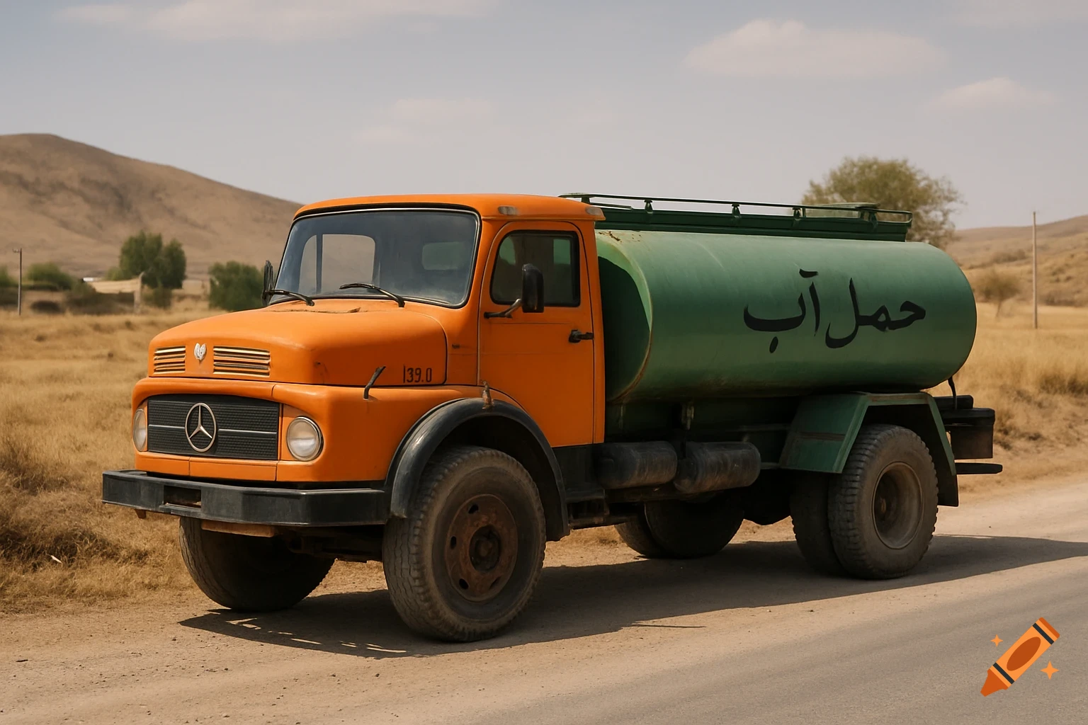 A rugged orange and green Mercedes-Benz water tanker truck parked on a dusty rural road in a dry Iranian landscape under a clear sky. Text on the tank reads 'Water Transport'.