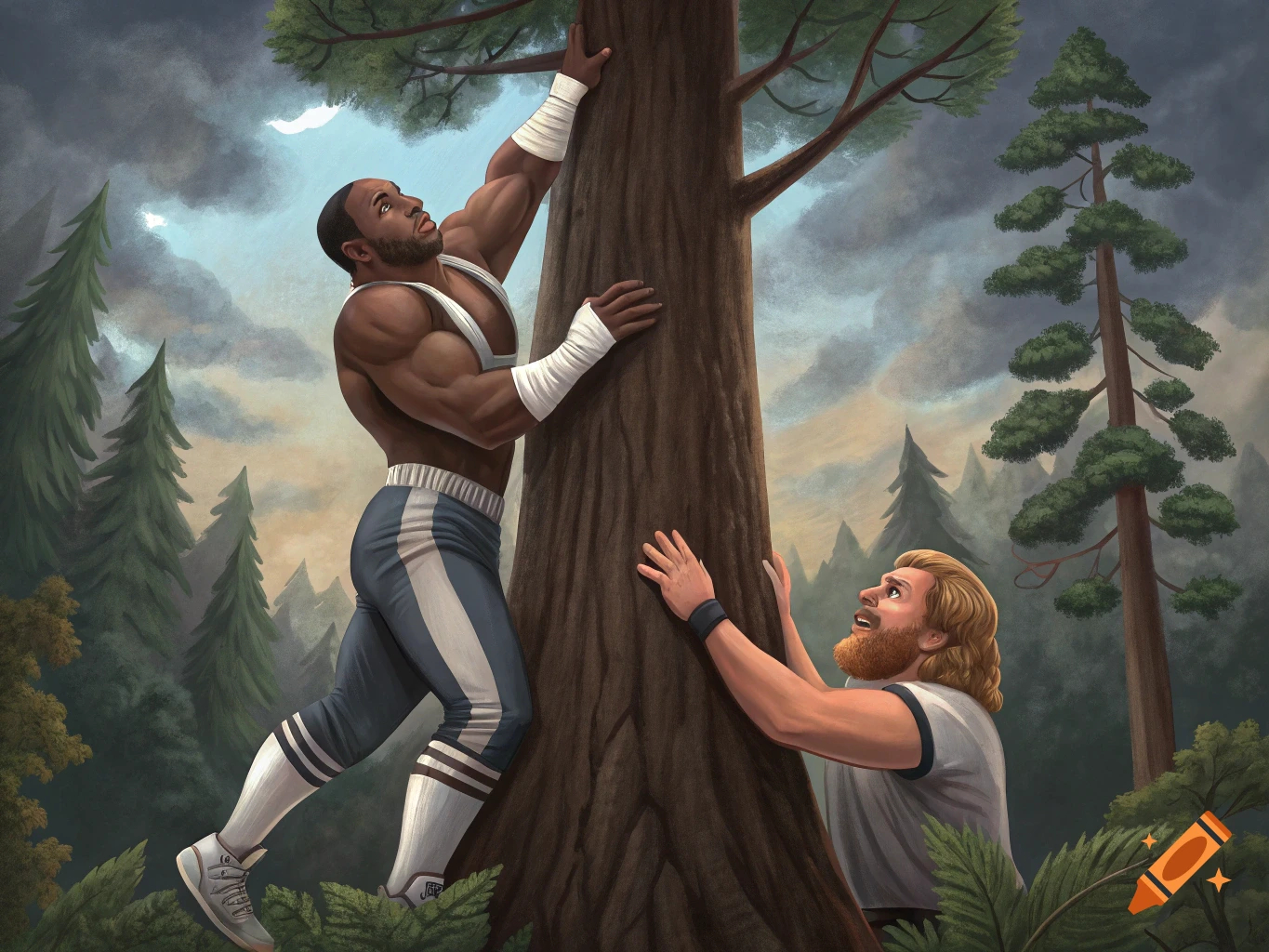 A muscular Black man in athletic wear is climbing a tree as a blonde, bearded man looks up from below, set in a forest.