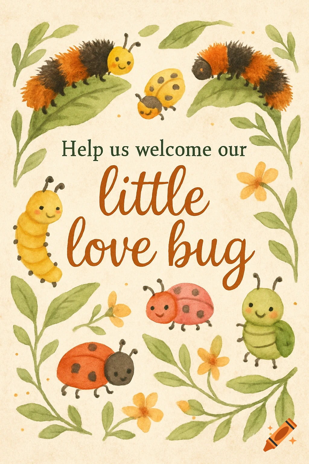 Watercolor baby shower invitation with cute bugs, leaves, and flowers surrounding the text 'Help us welcome our little love bug'.