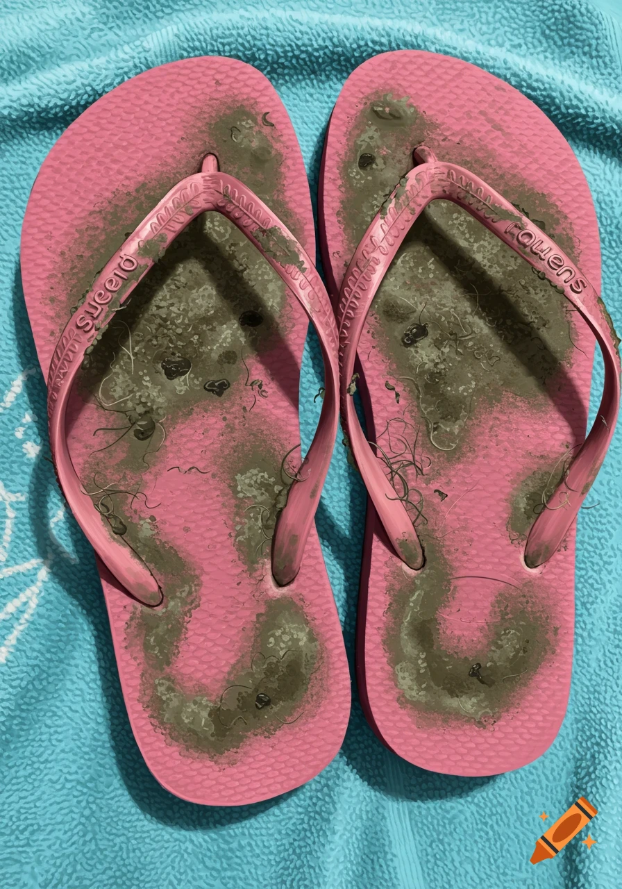 Two very dirty pink flip-flops covered in mud and debris on a blue towel, viewed from above.