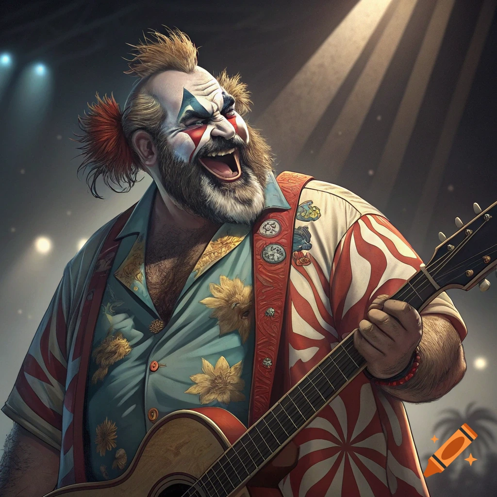 A laughing, bearded man in detailed clown makeup and a colorful shirt plays an acoustic guitar on stage under spotlights.