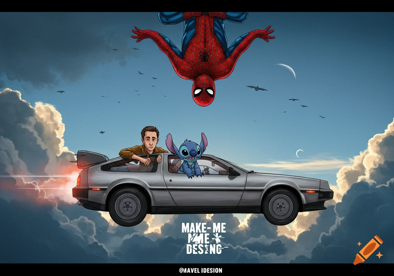 Cartoon illustration of Spider-Man hanging upside down above a flying DeLorean with a man and Stitch inside, against a cloudy sky.