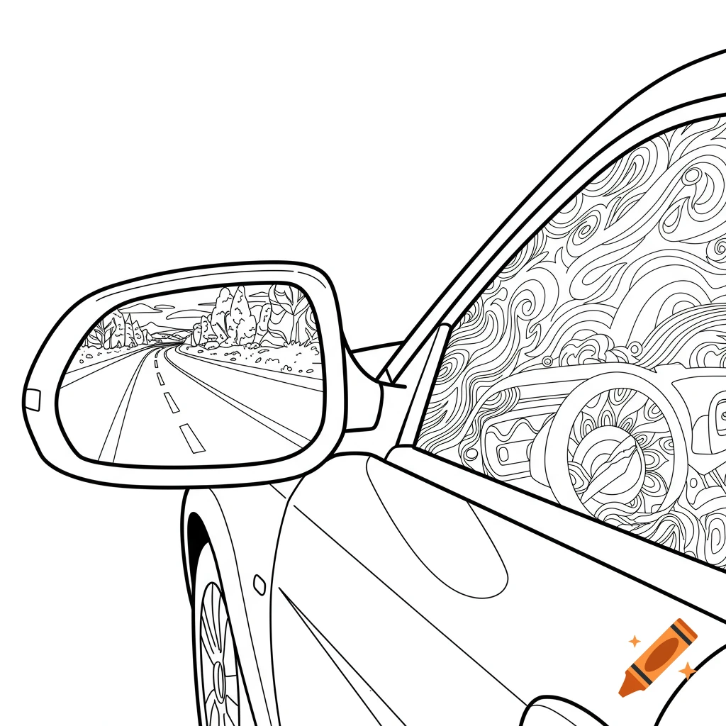 Black and white line art coloring page of a car's side mirror reflecting a road with trees.