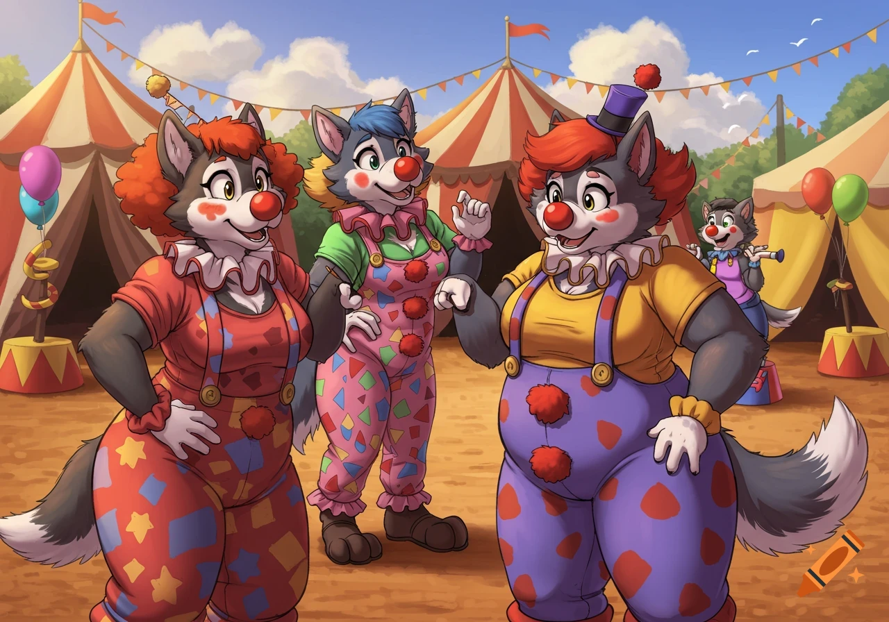 Three anthropomorphic wolf clowns with colorful outfits and big red noses at a circus, a fourth clown in the background. Cartoon style.