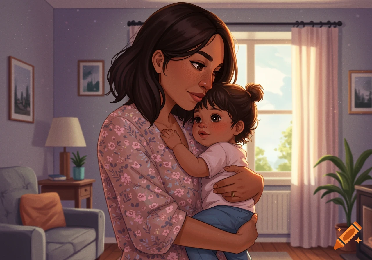 An illustrated image of a mother with dark hair holding her baby in a sunlit room.