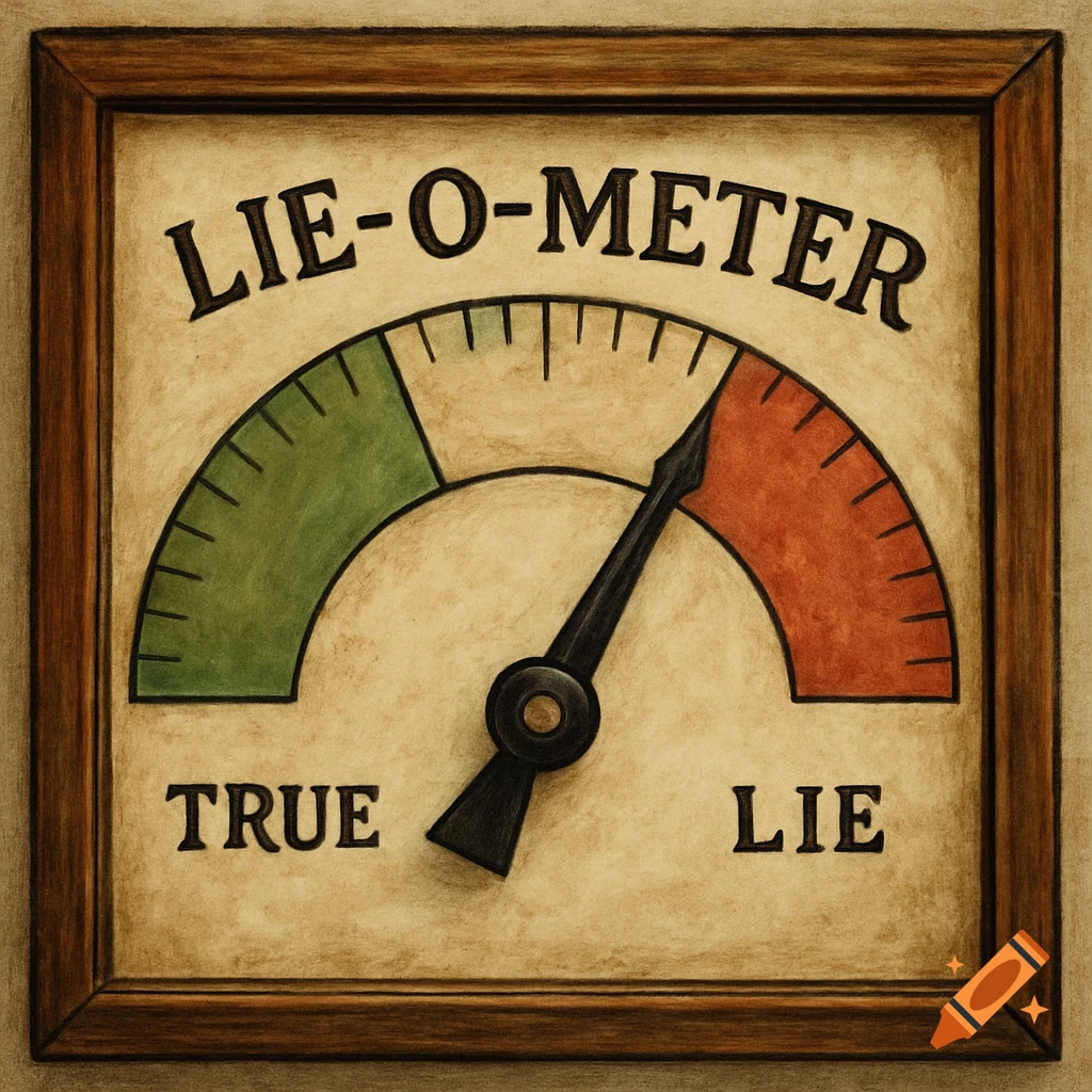 An old-fashioned Lie-O-Meter in a wooden frame with a needle pointing to the 'LIE' red zone.