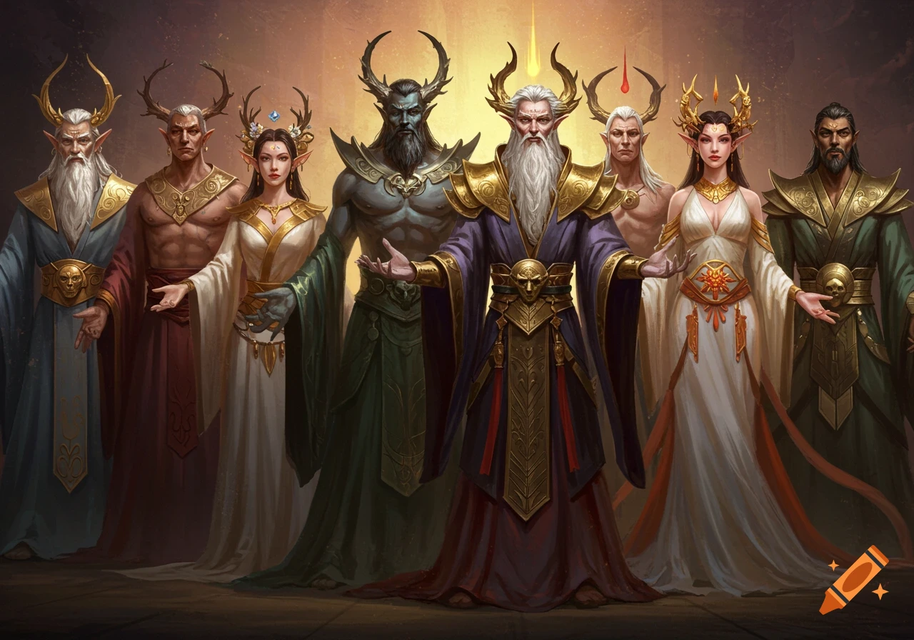 Seven fantasy figures, including horned humanoids and an elder wizard, stand in a line wearing elaborate robes and golden armor.