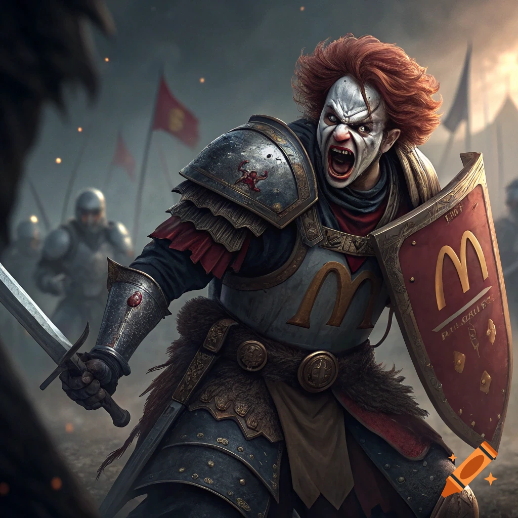 A fierce, angry Ronald McDonald-Pennywise knight in full armor with a sword and McDonald's shield on a battlefield.