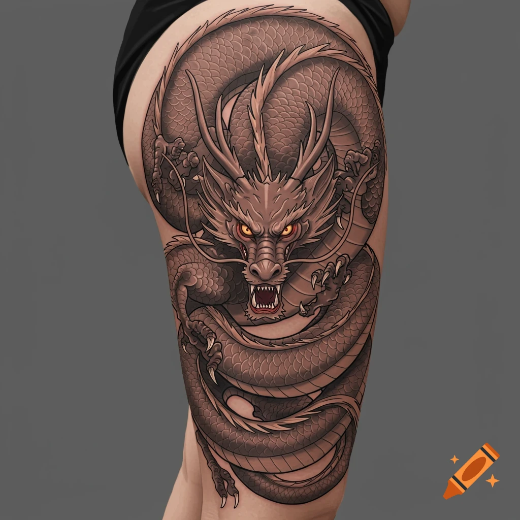 A detailed brown dragon tattoo with red eyes coiled around a human thigh, visible against a dark background.