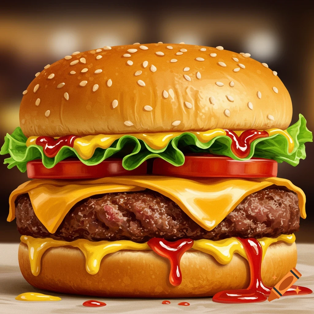 A photorealistic close-up of a delicious cheeseburger with a sesame seed bun, lettuce, tomatoes, melting cheese, and sauces.