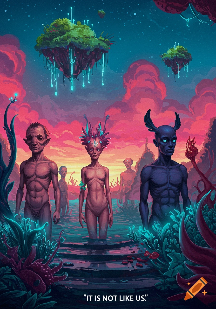 Alien humanoids in an otherworldly landscape with floating islands and glowing plants, and the text 'IT IS NOT LIKE US.' at the bottom.