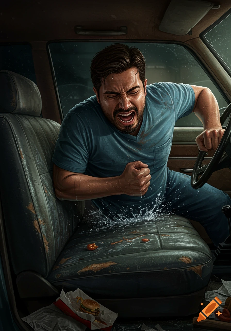 A man screams in pain in a dirty car as water splashes from his lap, a burger sits on the floor.
