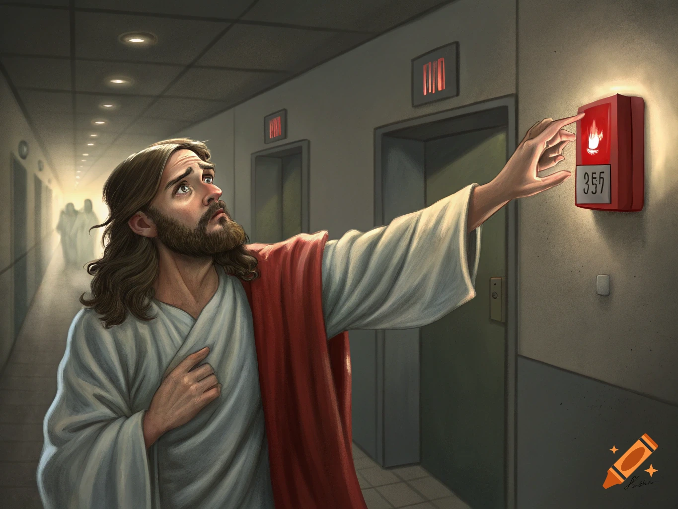 Jesus with long hair and a beard, wearing white robes and a red sash, pulling a red fire alarm in a dimly lit modern building hallway.