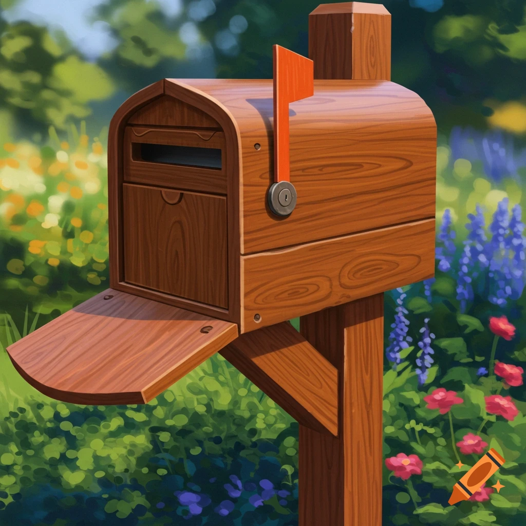 A wooden mailbox with an orange flag stands in a vibrant garden.
