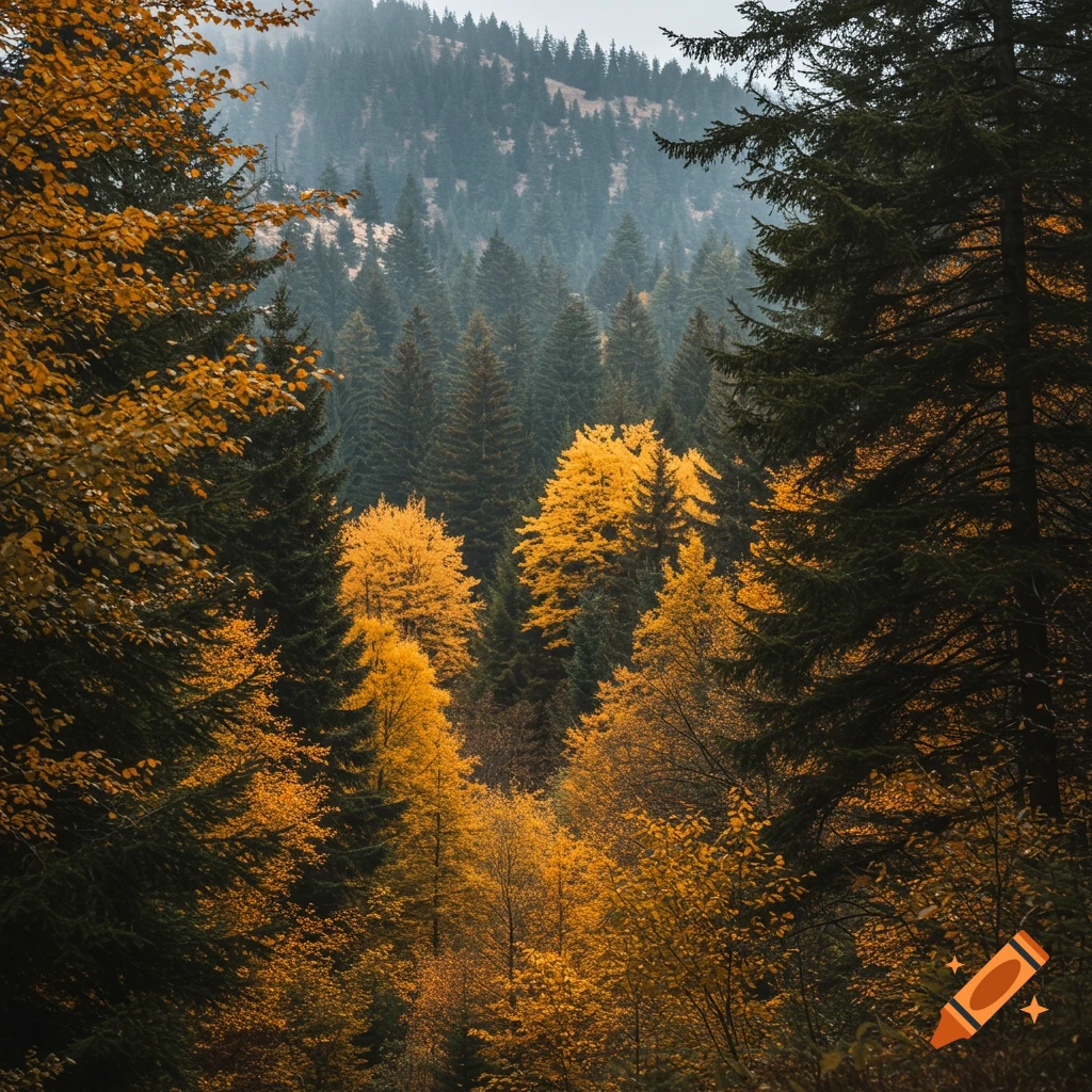 Autumn forest scene with tall green evergreen trees and bright golden yellow deciduous trees under a misty sky.