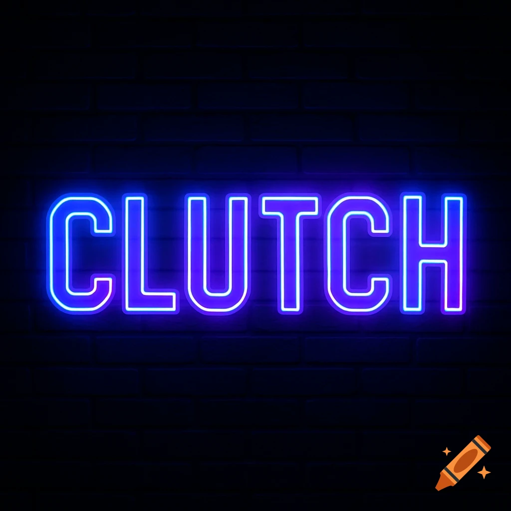 Neon sign displaying the word 'CLUTCH' in blue and purple against a dark brick wall.