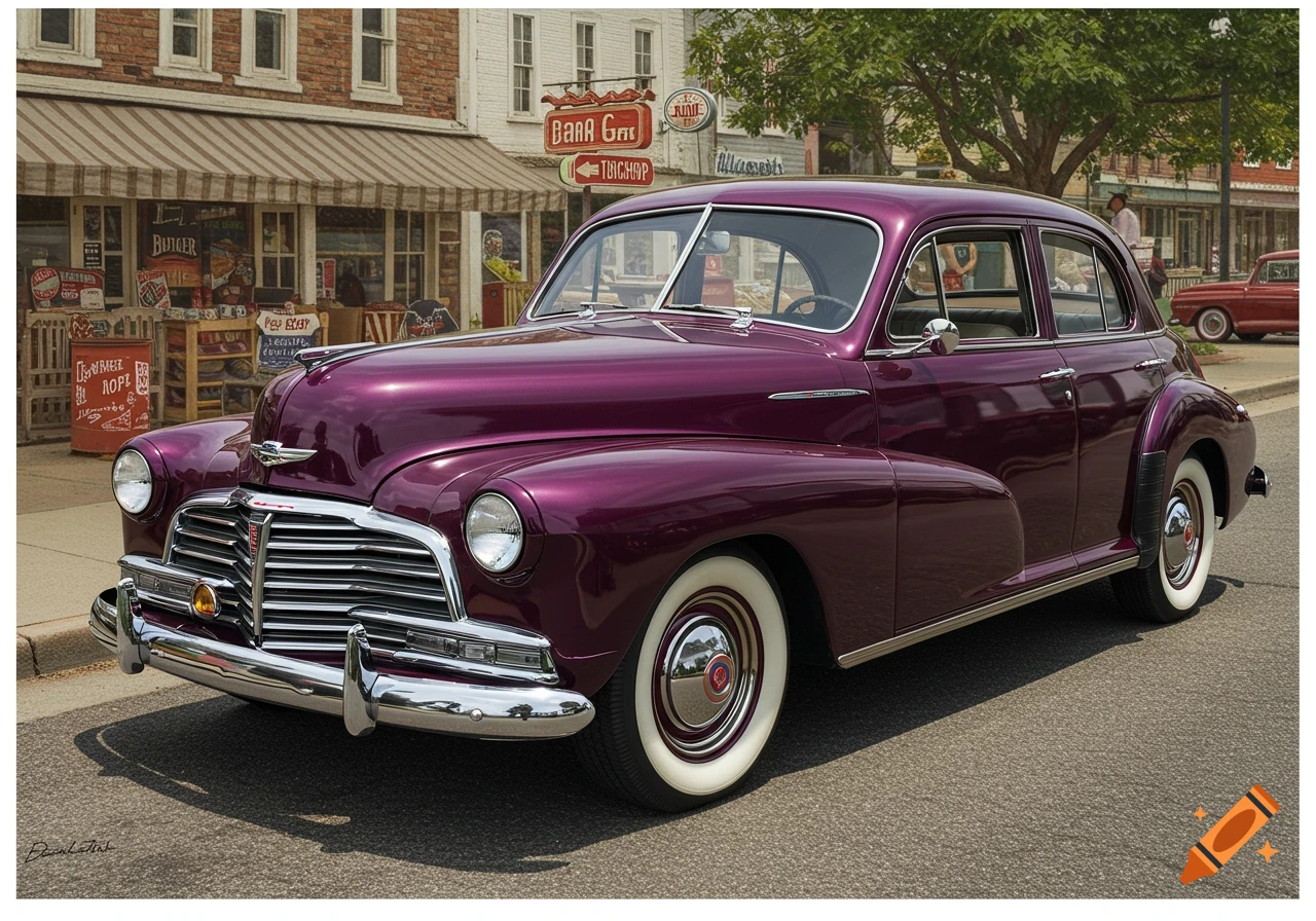 A photorealistic image of a plum purple 1948 Fleetline Aero sedan with white wall tires parked on a street in front of a vintage building with awnings.