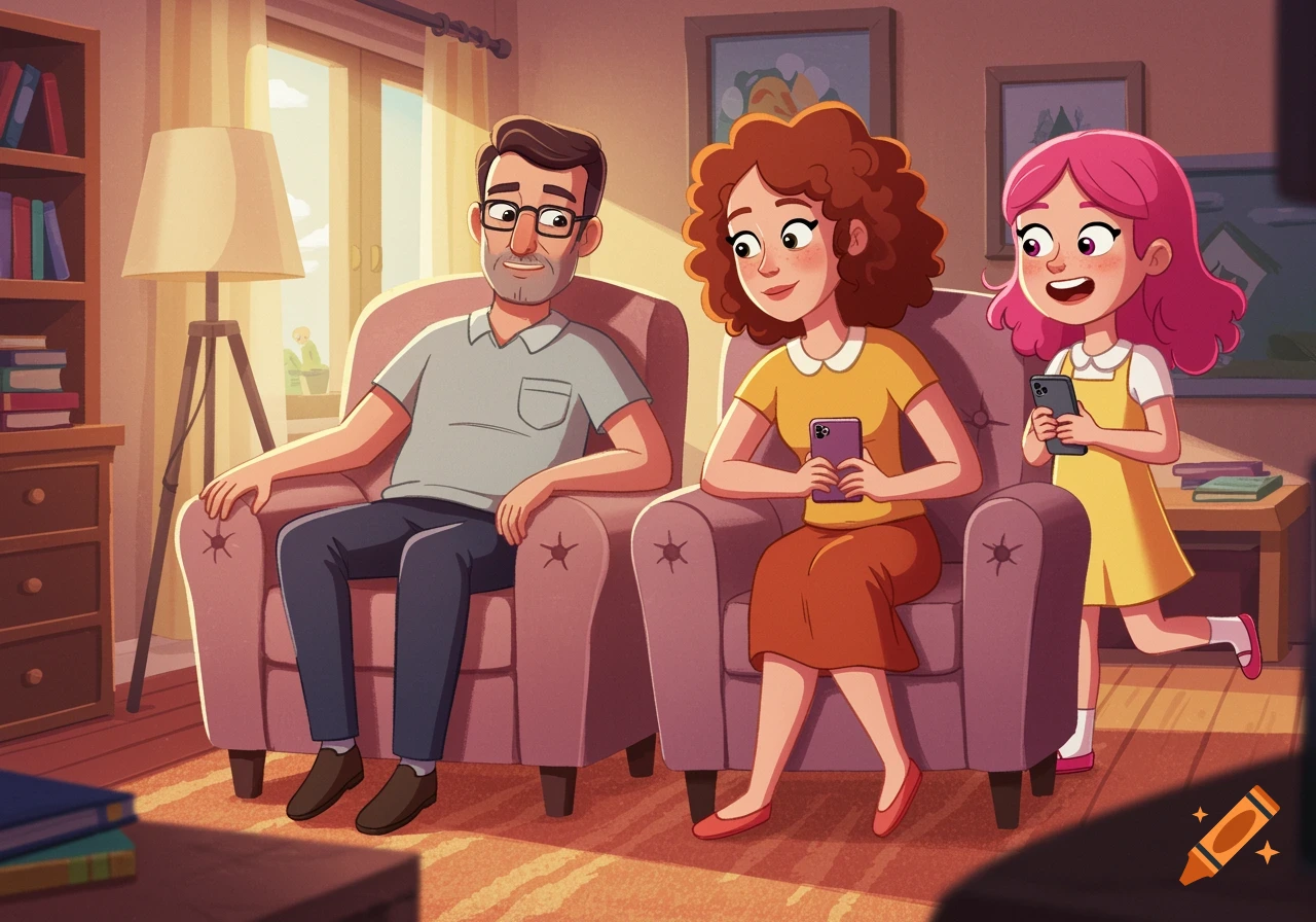A cartoon family in a warm living room. Parents sit in armchairs, and their daughter stands behind, all looking at their mobile phones.
